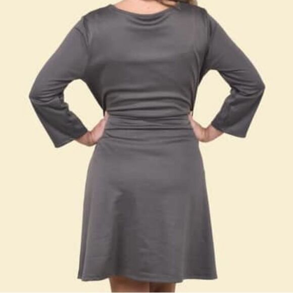 Tamsy Solid Grey Midi Drop Waist Long Sleeve Dress M - Picture 2 of 14